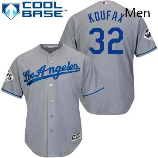 Mens Majestic Los Angeles Dodgers 32 Sandy Koufax Replica Grey Road 2017 World Series Bound Cool Base MLB Jersey